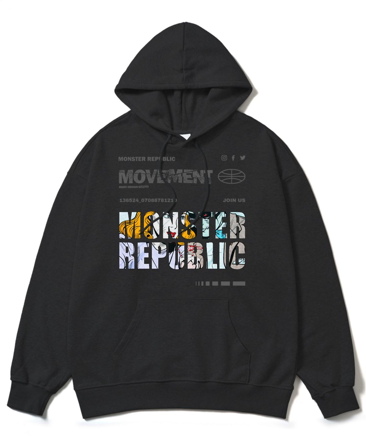 몬스터리퍼블릭(MONSTER REPUBLIC) 팝아트 옐로우 오버핏 후드티 블랙