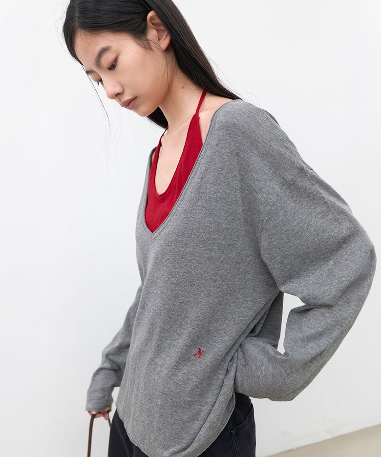 (T-7325)COLOR-BLOCK HALTER DEEP V-NECK KNIT