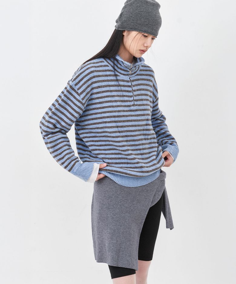 (T-7321)AN VELVET STRIPE QUARTER ZIP-UP KNIT