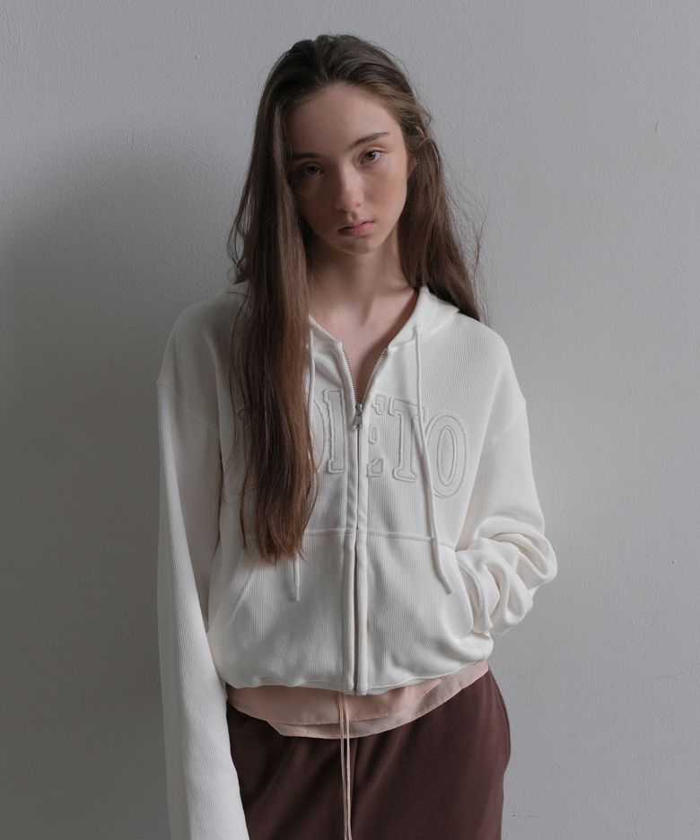 Grid waffle hoody zip-up - cream