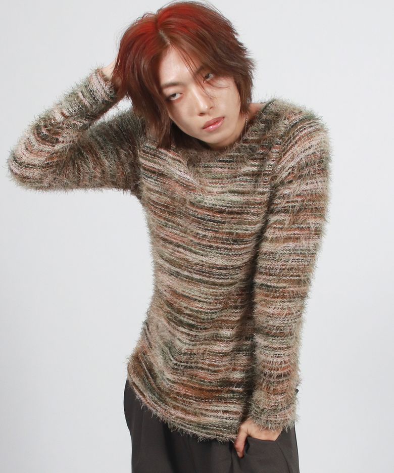 M Rainbow stripe boxy long sleeve knit pullover -  Olive green
