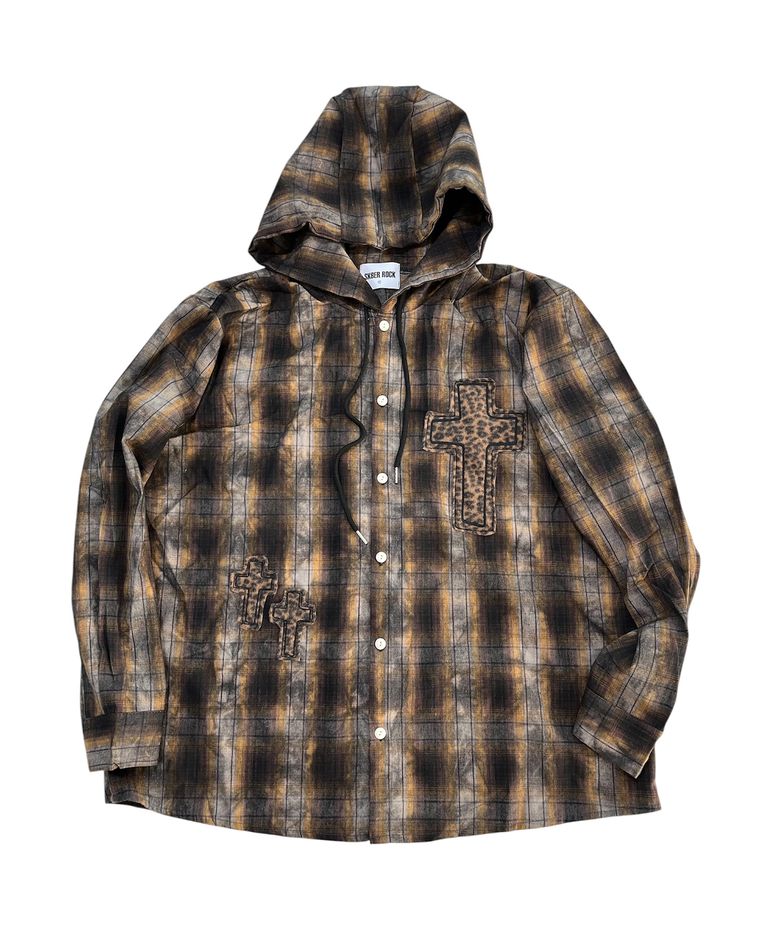 Cross Smudge Check Hooded Shirt (brown mix)
