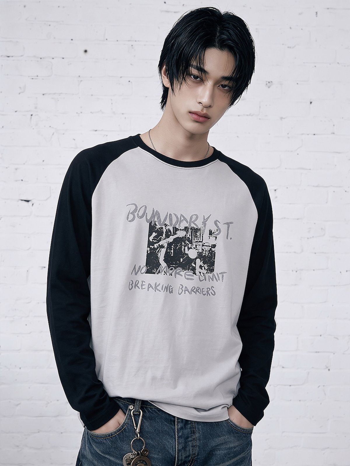 바운더리(BOUNDARY) CONTRAST RAGLAN SLEEVE TEE GRAY
