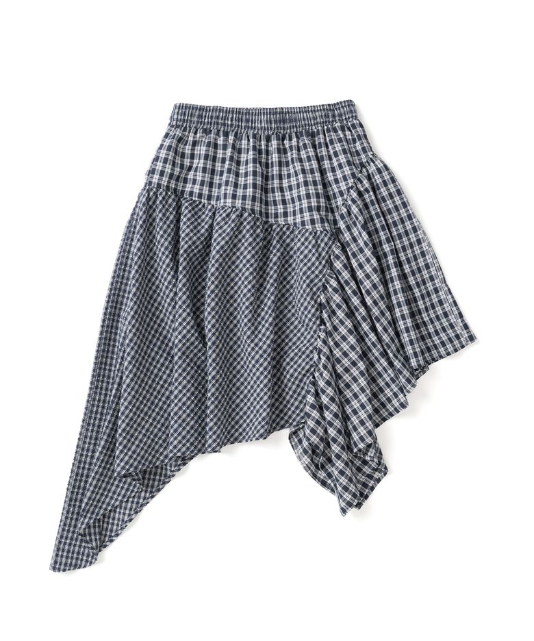 Unbalanced Check Pattern Banding Skirt - Blue