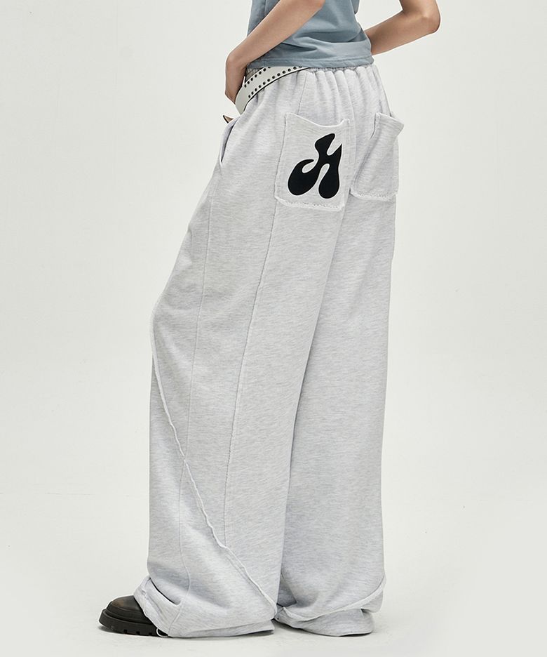 Diagonal Panel Raw Edge Sweat Pants - Light Grey