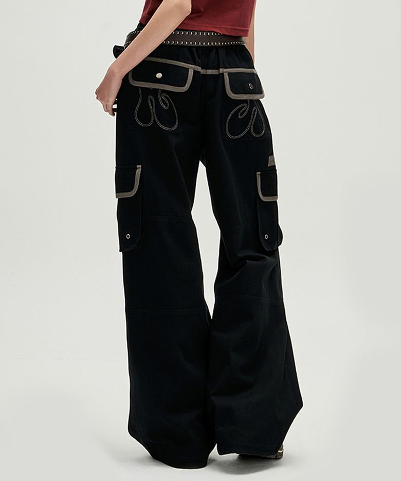 HISYO Lettering Parachute Cargo Pants - Black