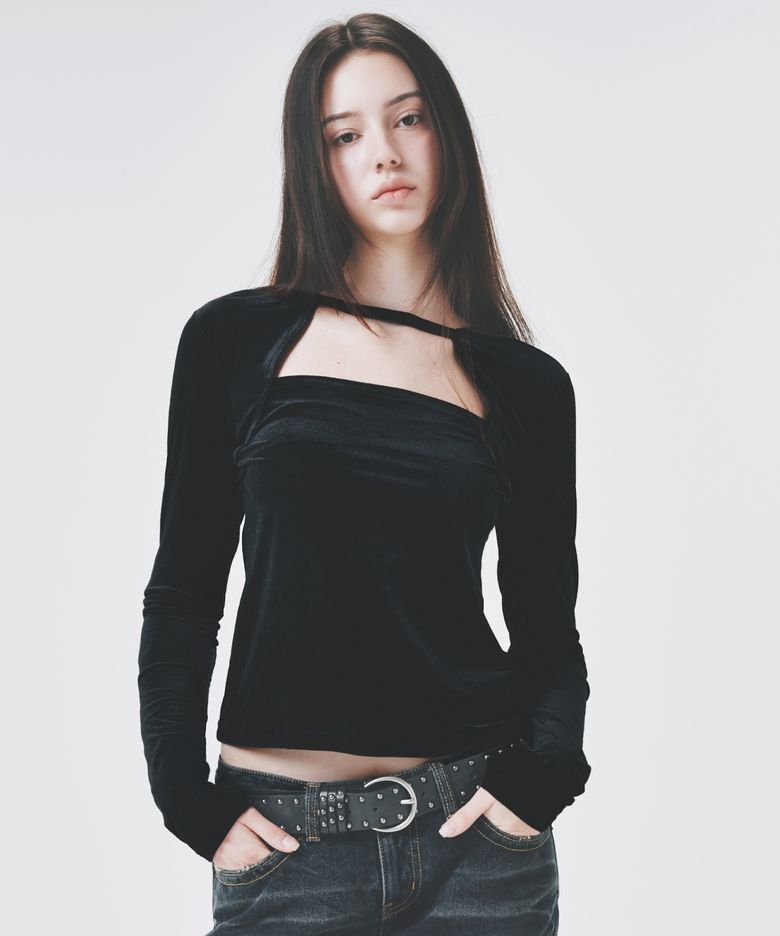 컷아웃 초커 스퀘어넥 벨벳 탑 블랙