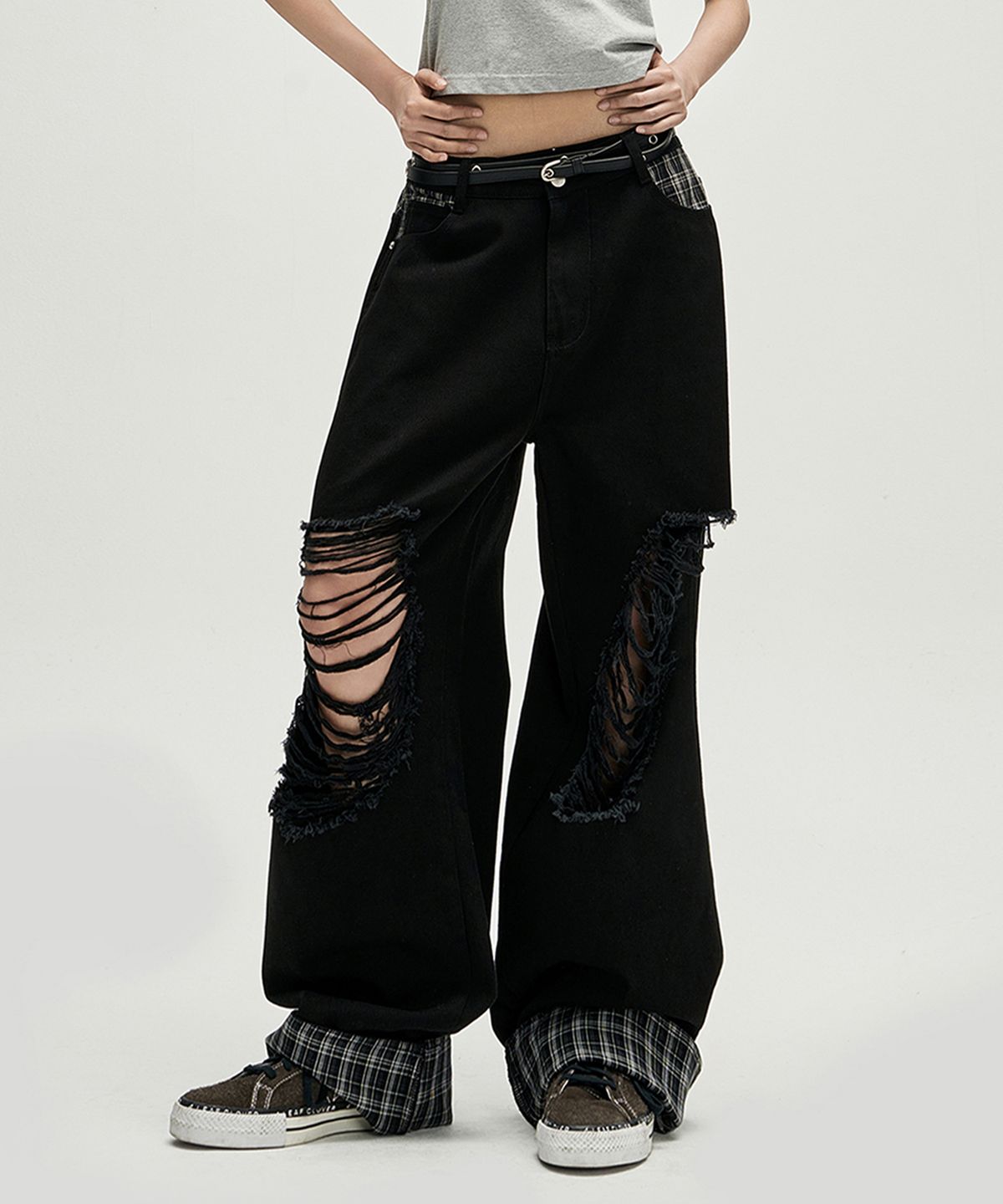 히쇼(HISYO) Check Panel Roll Up Carpenter Pants - BLACK