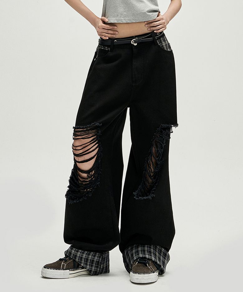 Check Panel Roll Up Carpenter Pants - BLACK