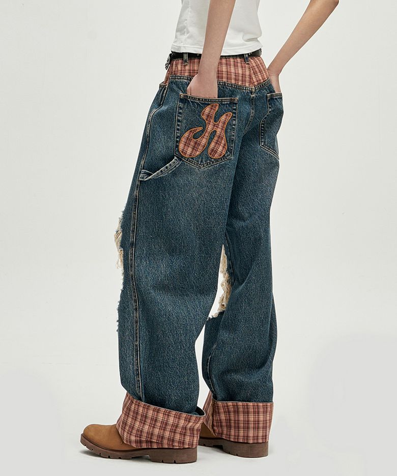 Check Panel Roll Up Carpenter Pants - Deep Blue