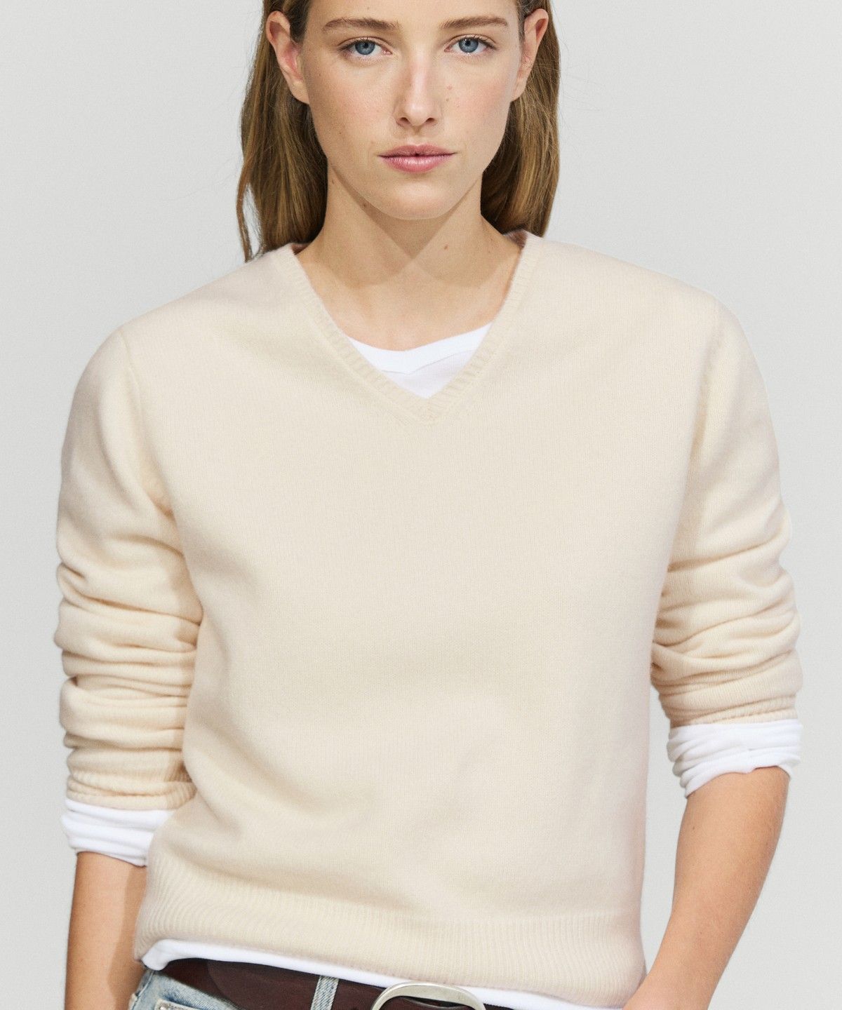 마시모두띠(MASSIMO DUTTI) 100% 울 하이 V넥 긴소매 리브 니트 스웨터