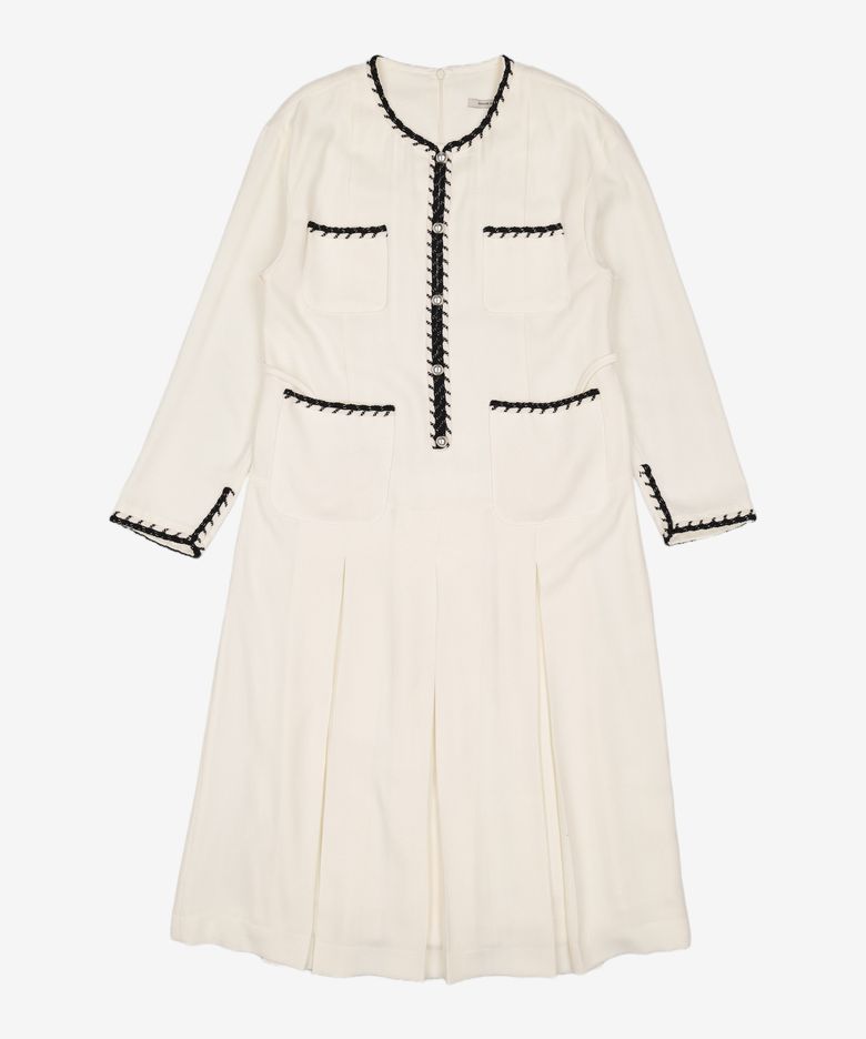 Tweed tape trimming pleated dress - Ivory L