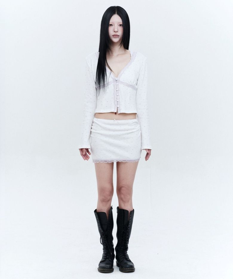 플라워 레이스 와플 셔링 미니 스커트 (WHITE)