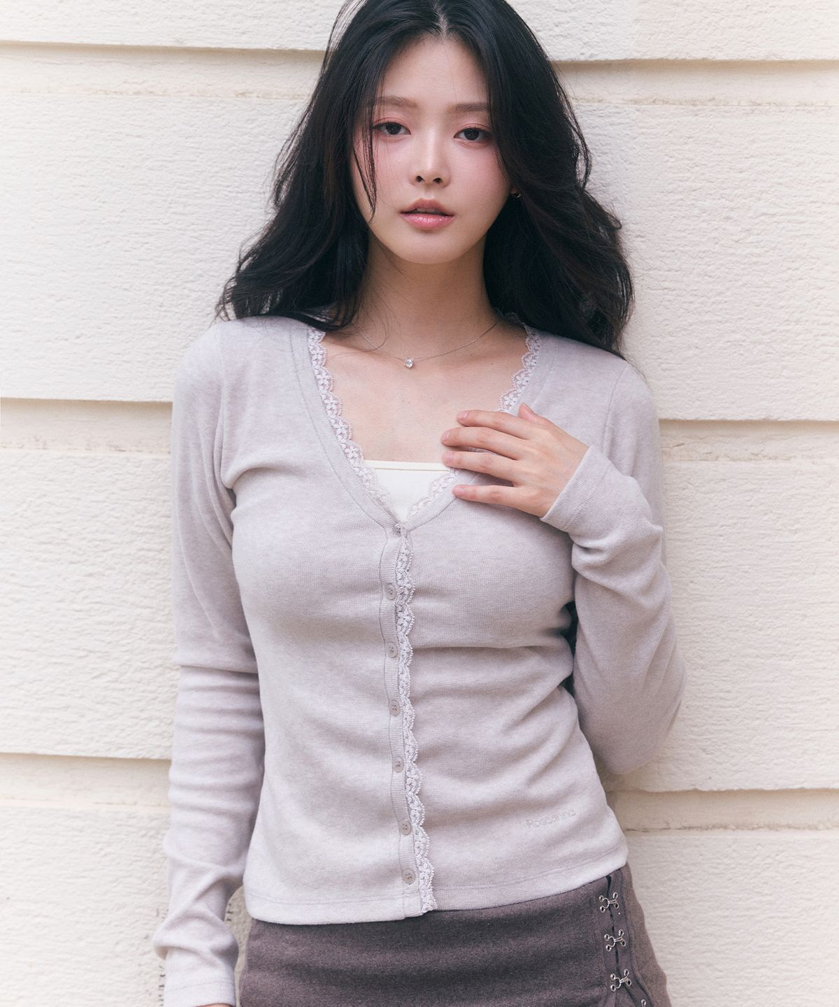 로잔느(ROSEANNE) Milkshake Lace-Trim Cardigan (Milk Tea)