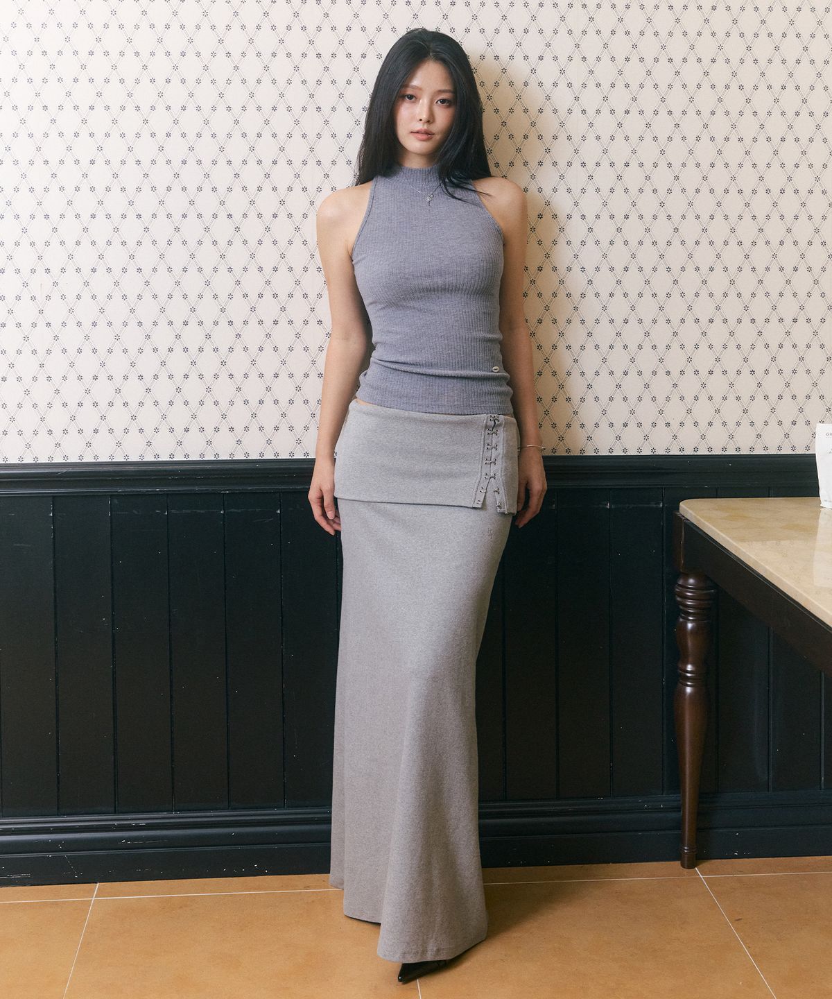 로잔느(ROSEANNE) Contour Foldover Maxi Skirt (Gray)