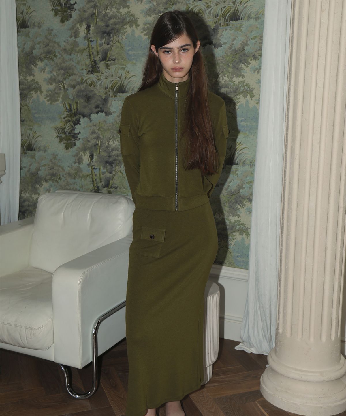 지지비샤(JIJIVISHA) RUBY POCKET LONG SKIRT (OLIVE)