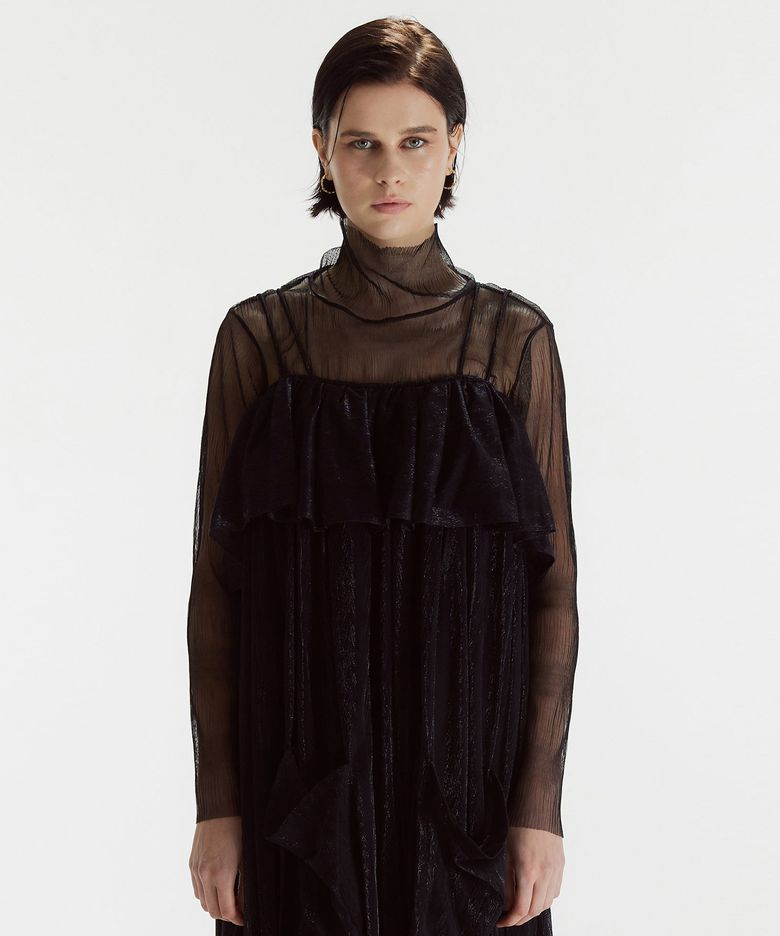 시어 플리츠 레이스 탑 블랙 SHEER PLEATS LACE TOP