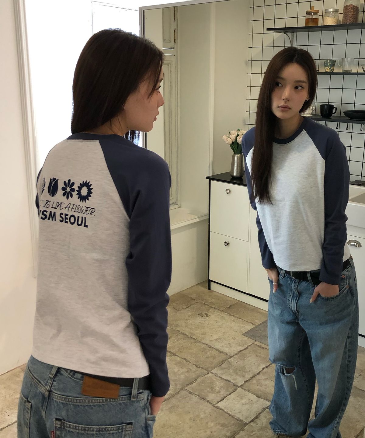 해비즘(HAVISM) W NAME CARD RAGLAN L/S TEE(MELANGE WHITE)