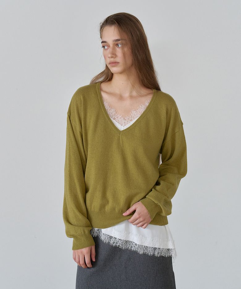 울 블렌드 딥 브이넥 니트 OLIVE