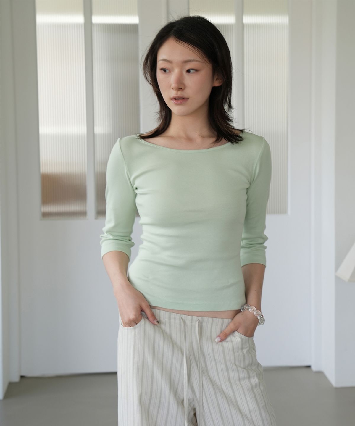 포트레이트서울(PORTRAITSEOUL) 보트넥 슬림핏 7부 티셔츠 - 민트(mint)