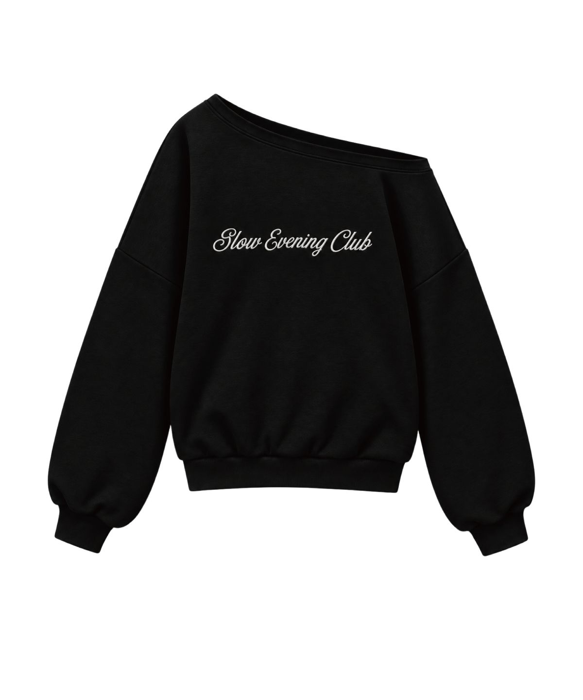 글로우이브닝클럽(GLOW EVENING CLUB) SIGNATURE LOGO ONE-SHOULDER SWEATSHIRT [BLACK]