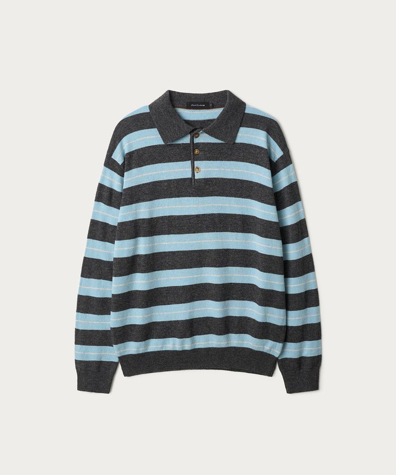 JN159 FINE WOOL STRIPE POLO KNIT - BLUE STRIPE