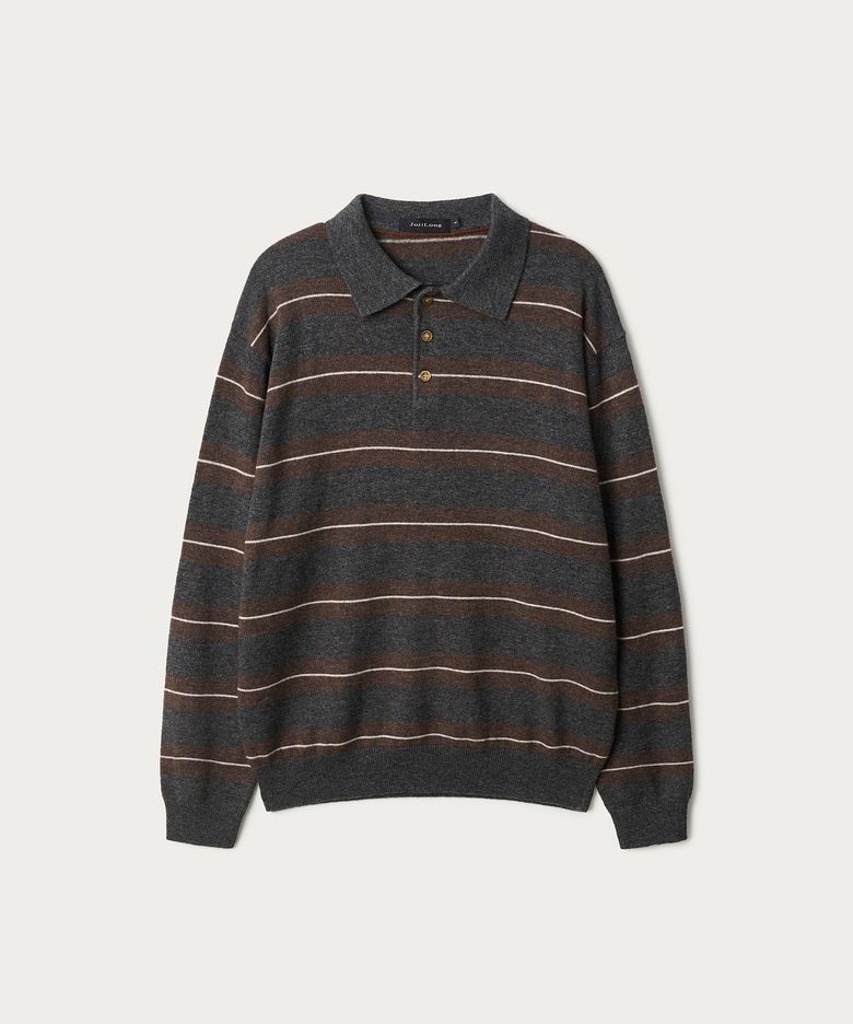 JN159 FINE WOOL STRIPE POLO KNIT - BROWN STRIPE