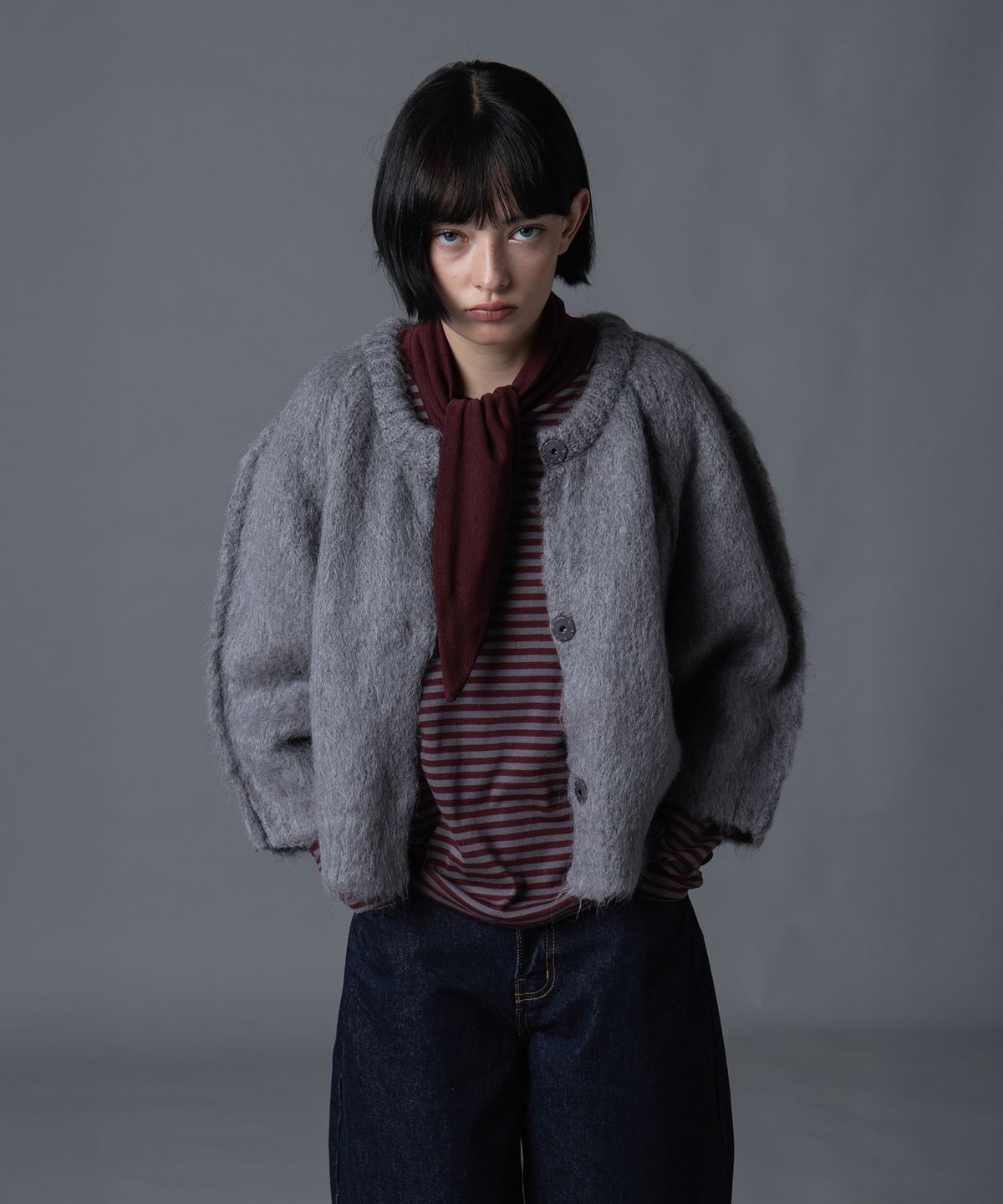 더밀루이(THEMILUI) Stripe Scarf Set T-shirt (Burgundy)