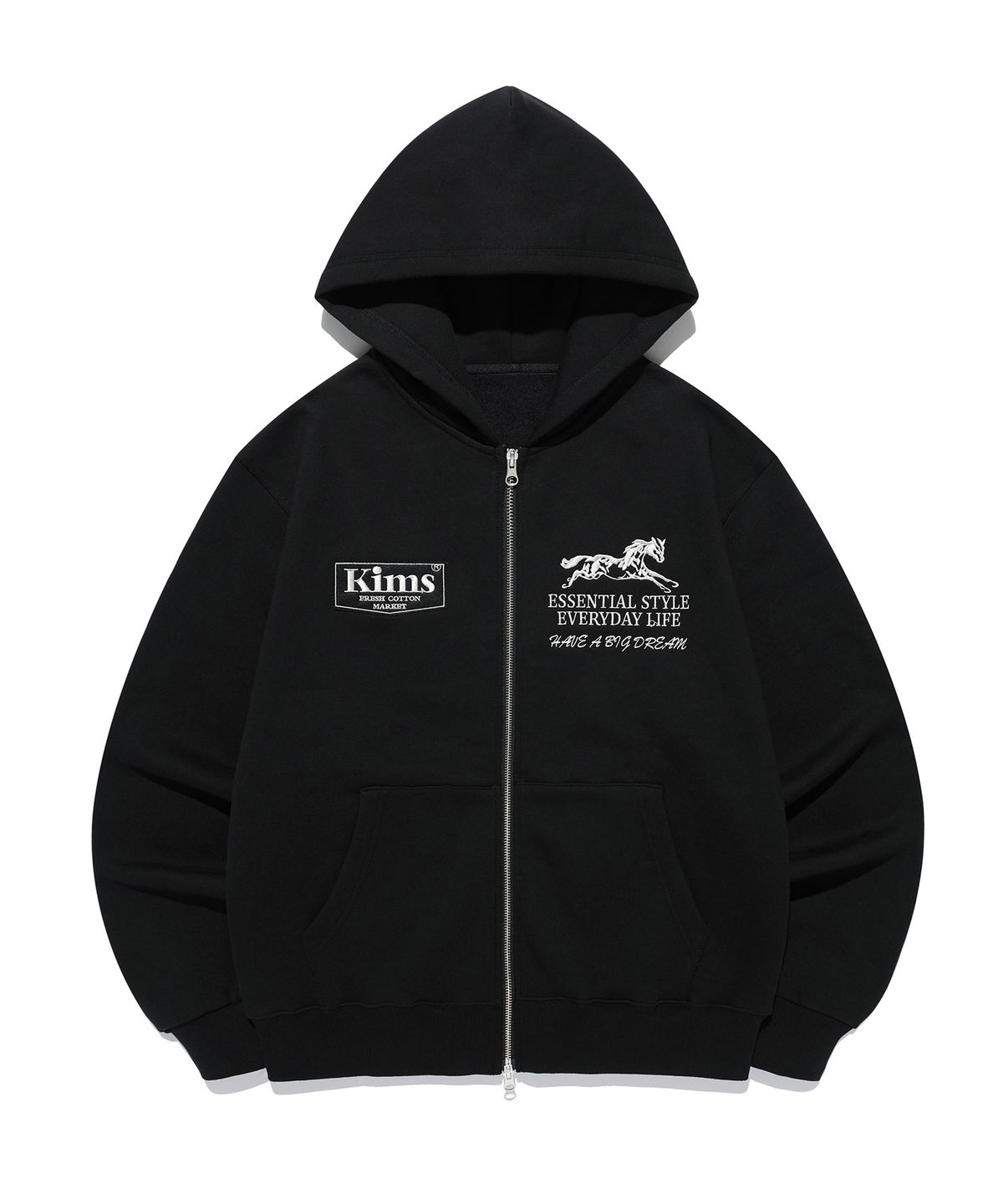 킴스 프레시 코튼 마켓(KIMS FRESH COTTON MARKET) (Unisex) Essential Horse Zip Hoodie Black