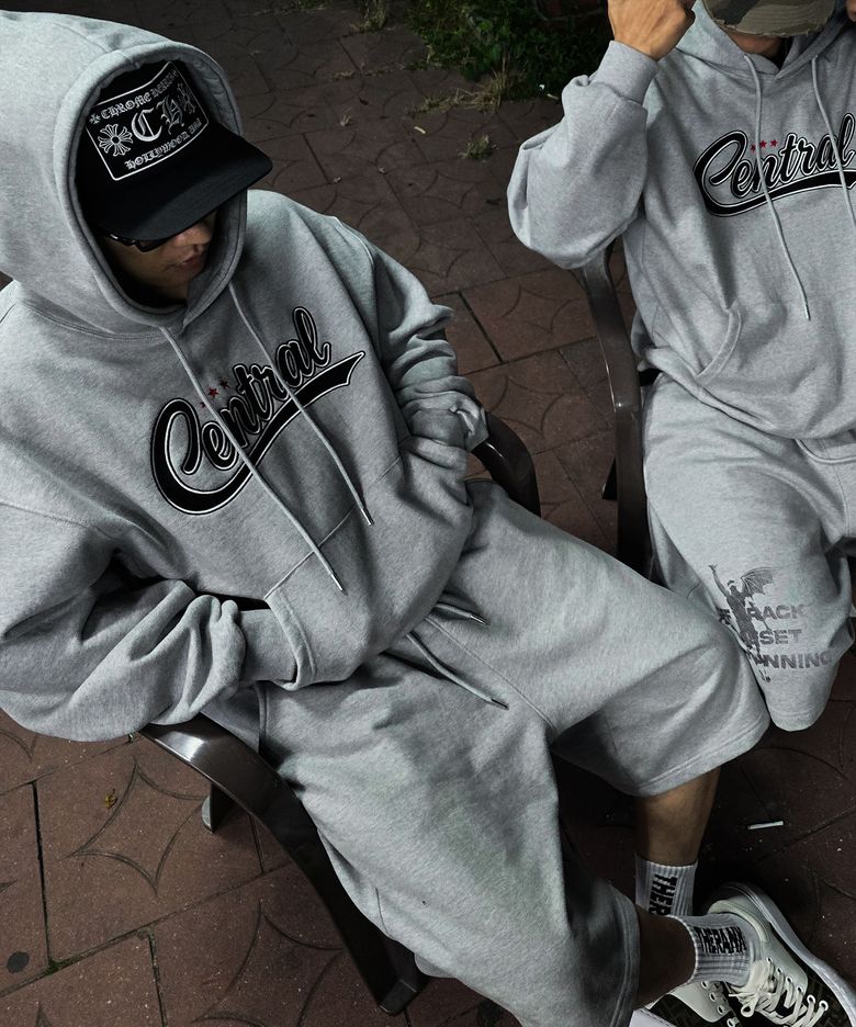CENTRAL LEATHER APPLIQUE HOODIE [MELANGE GREY]