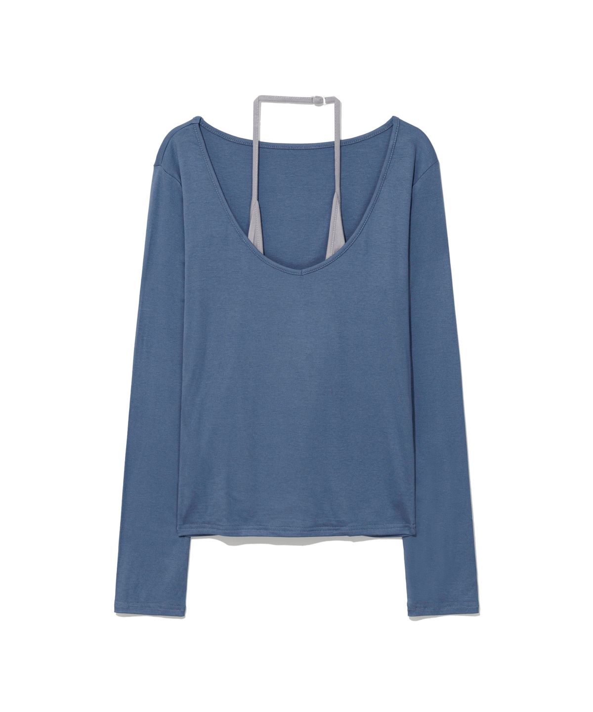 모아(MOAA) Layered U-Neck Ribbed Long Sleeve Top (BLUE)