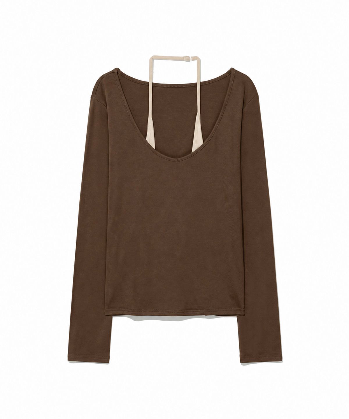 모아(MOAA) Layered U-Neck Ribbed Long Sleeve Top (BROWN)