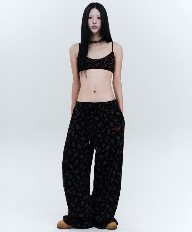 레드 플라워 엔젤 자수 와플 츄리닝 팬츠 (BLACK)