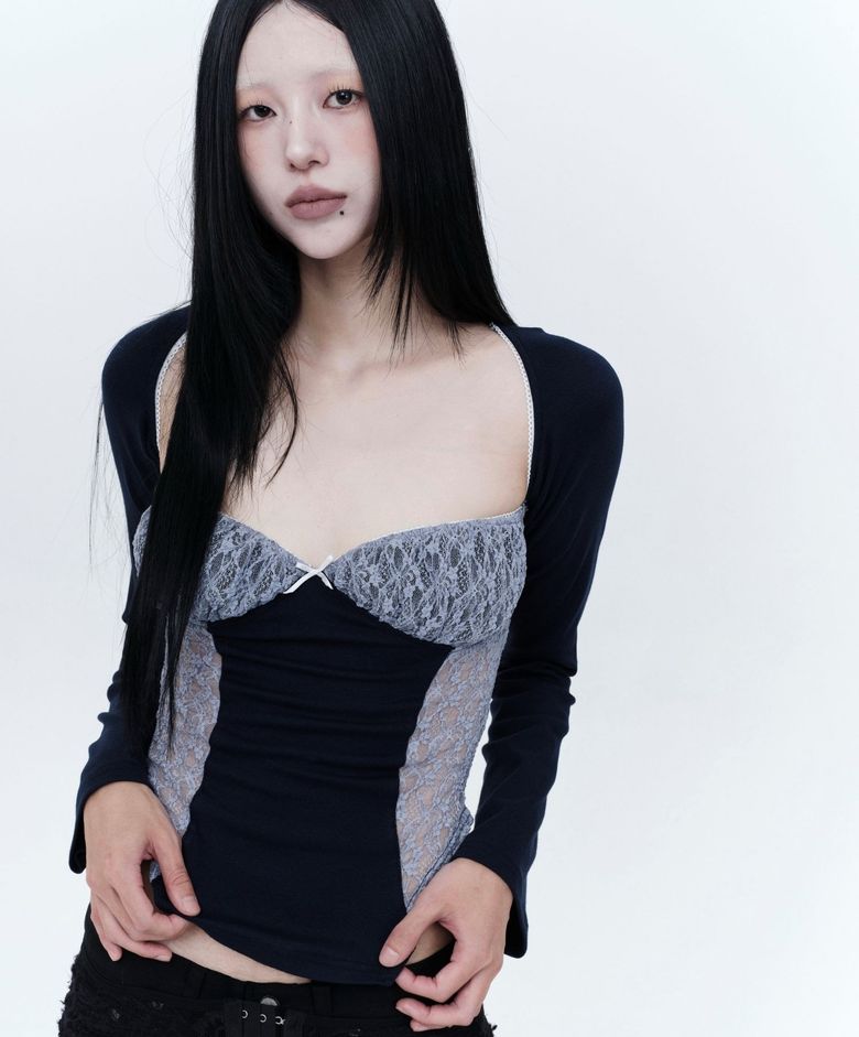 플라워 시스루 레이스 코르셋 긴팔 탑 (NAVY)