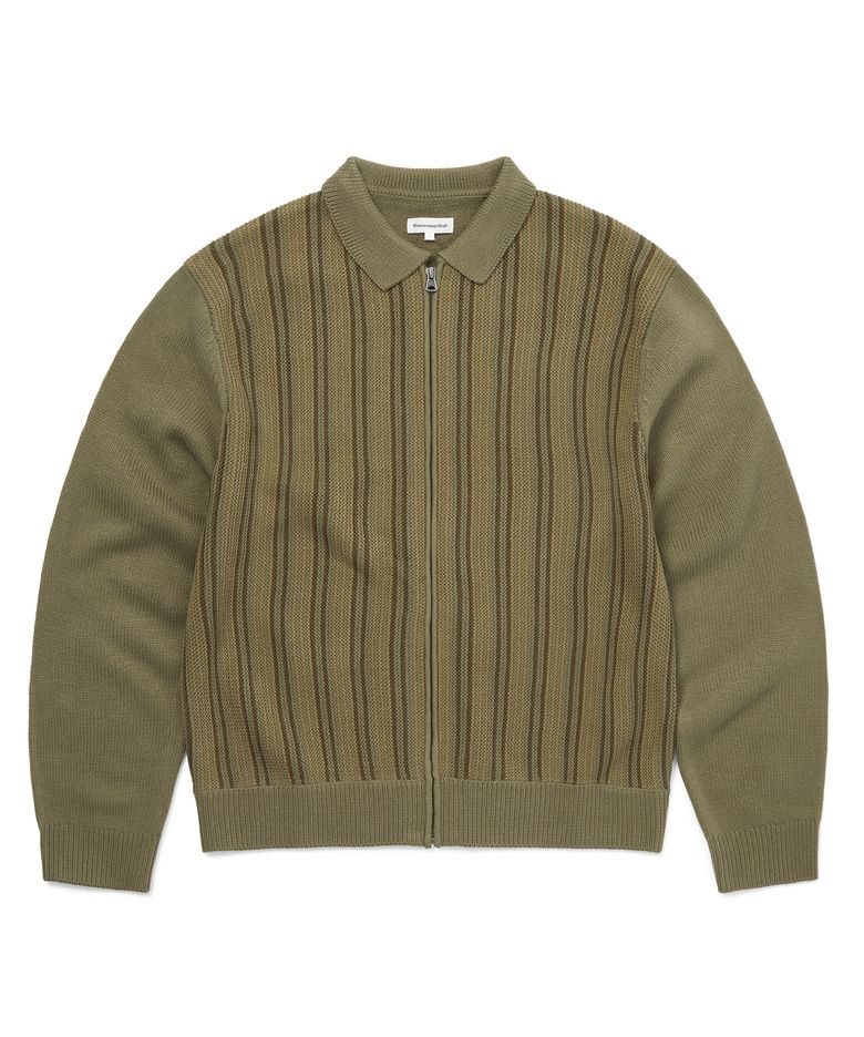 Striped Knit Zip Cardigan Olive