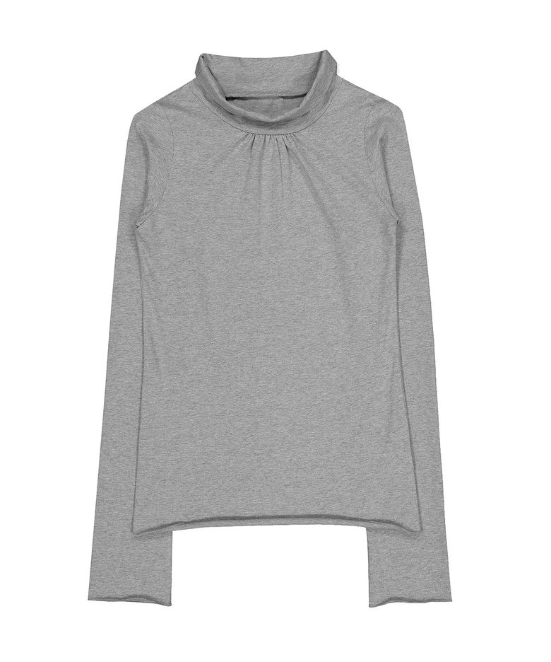 HALF-NECK SHIRRED LONG SLEEVE T-SHIRT (GRAY)
