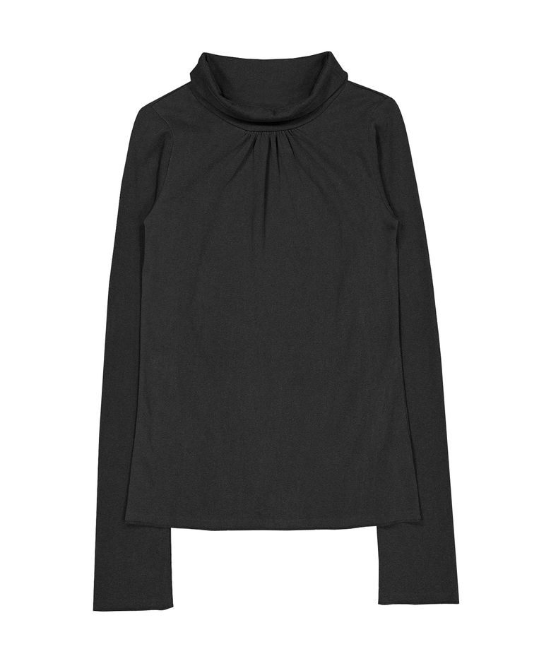 HALF-NECK SHIRRED LONG SLEEVE T-SHIRT (CHARCOAL)