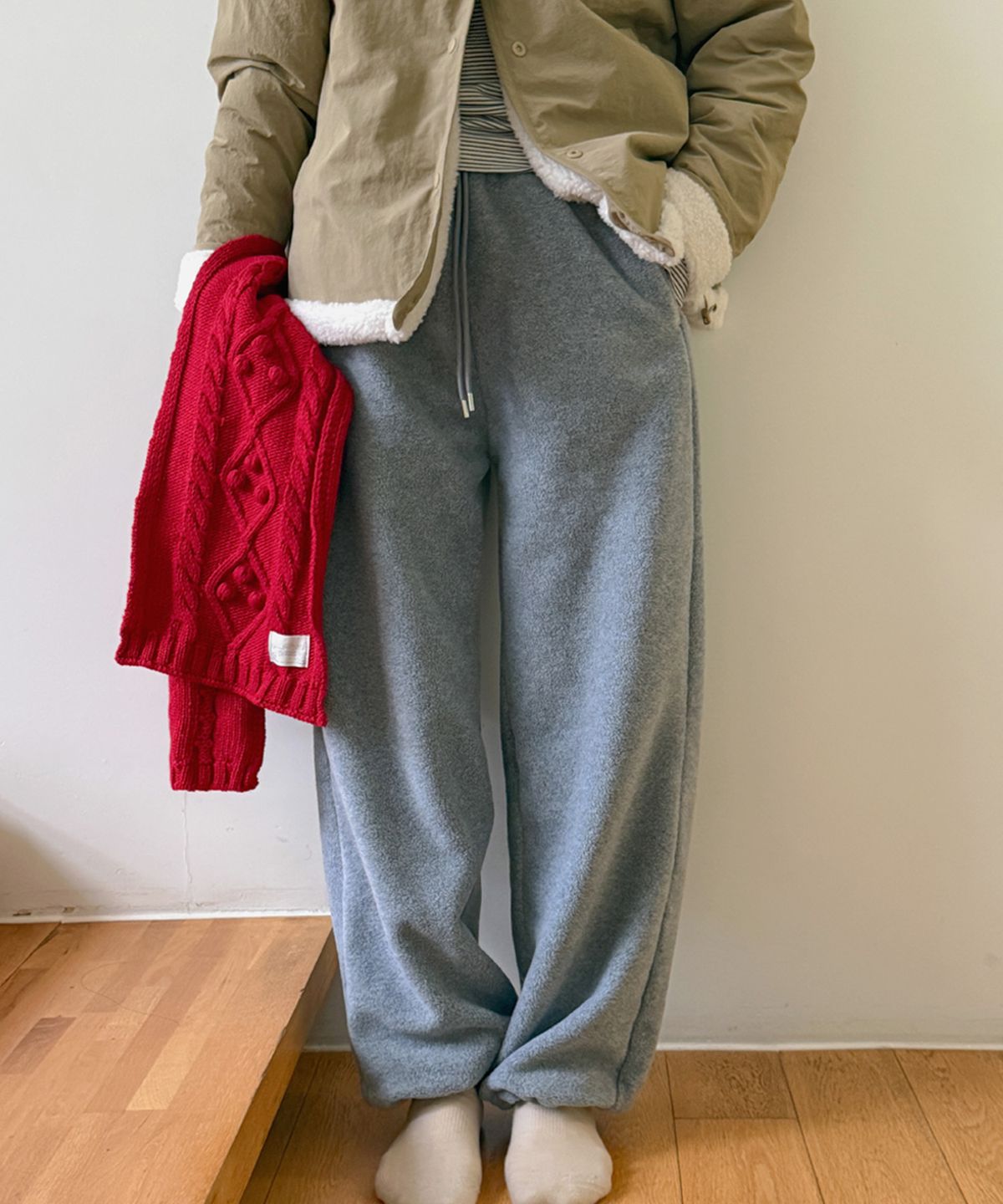 드로우핏 우먼(DRAWFIT WOMEN) [드로우핏우먼 X 알로하] 플리스 와이드 밴딩 팬츠 [M.GREY]