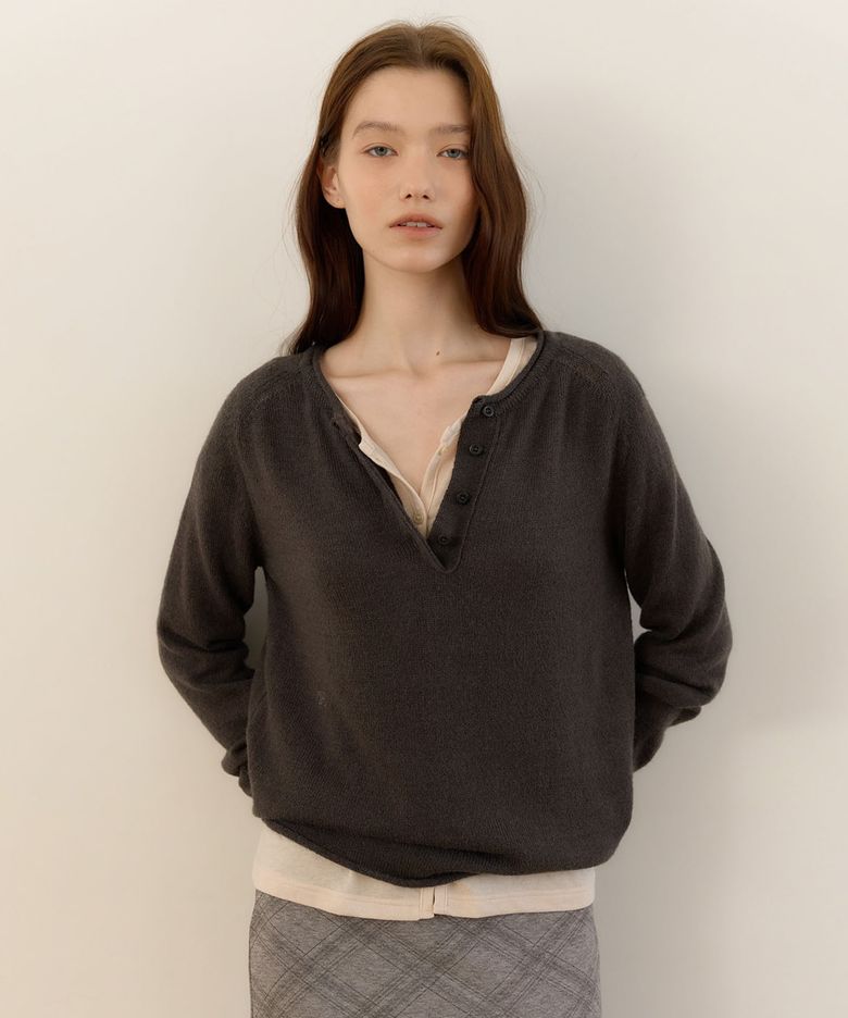 RAGLAN HALF BUTTON KNIT [ CHARCOAL ]