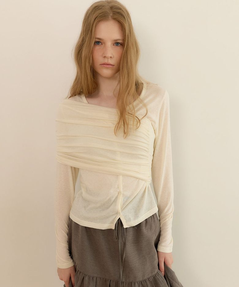 SHIRRING TOP LAYERED CARDIGAN [ CREAM ]