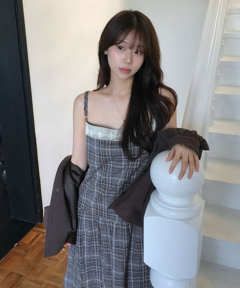 LACE CHECK LAYERED DRESS [ MULTI BROWN ]