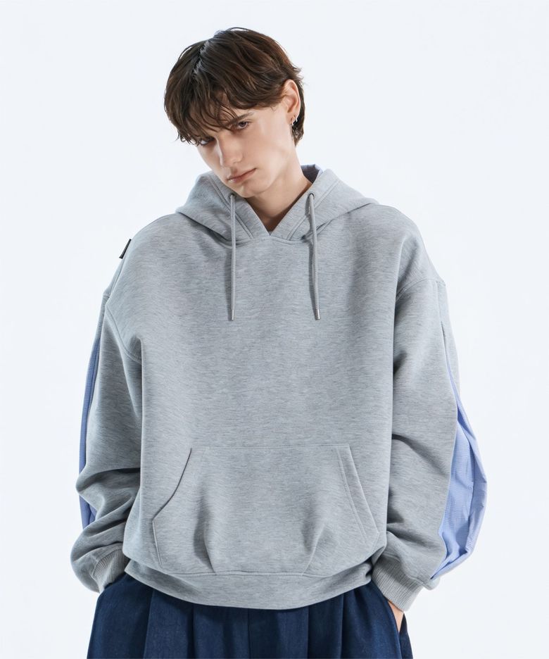 오버사이즈 플리츠 판넬 후드티 멜란지그레이