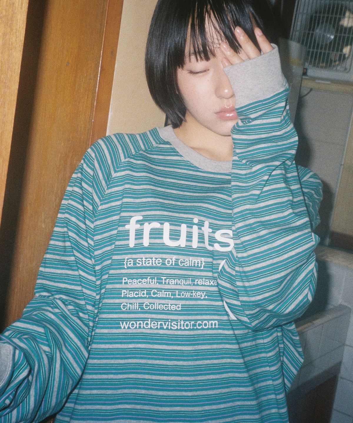원더비지터(WONDERVISITOR) fruits stripe Raglan LS-T [Melange grey]