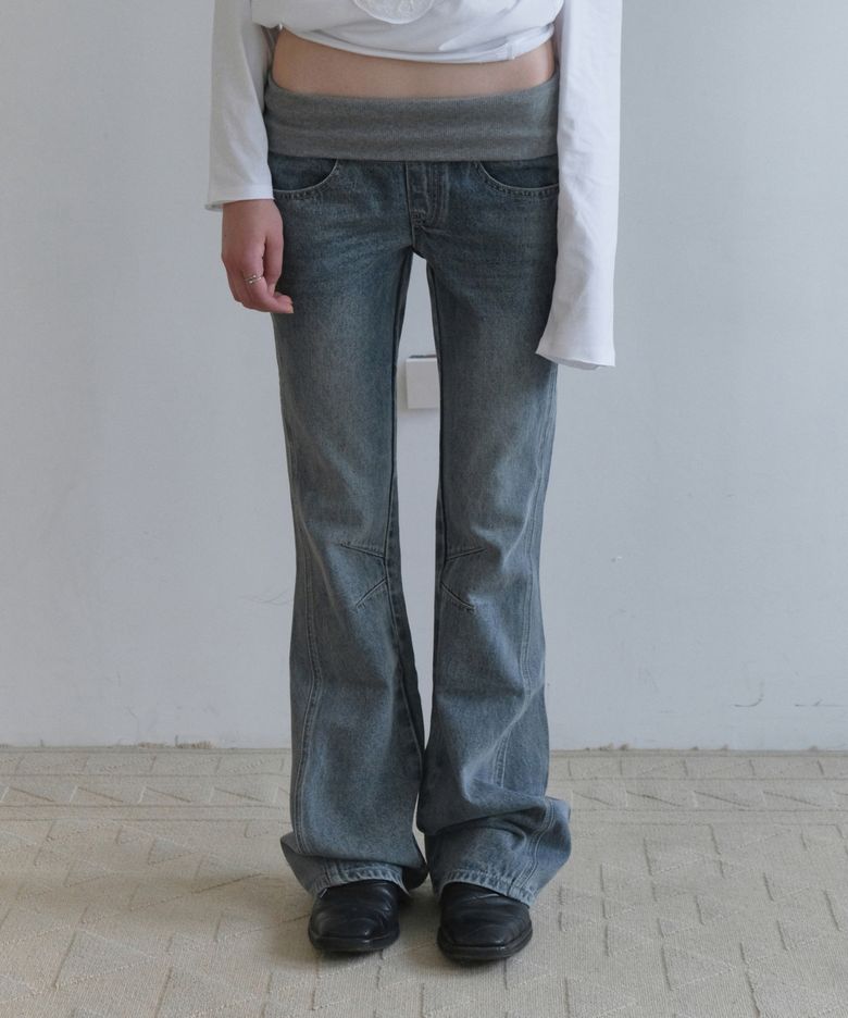 RIBBED WAIST BOOTCUT JEANS [BLUE]