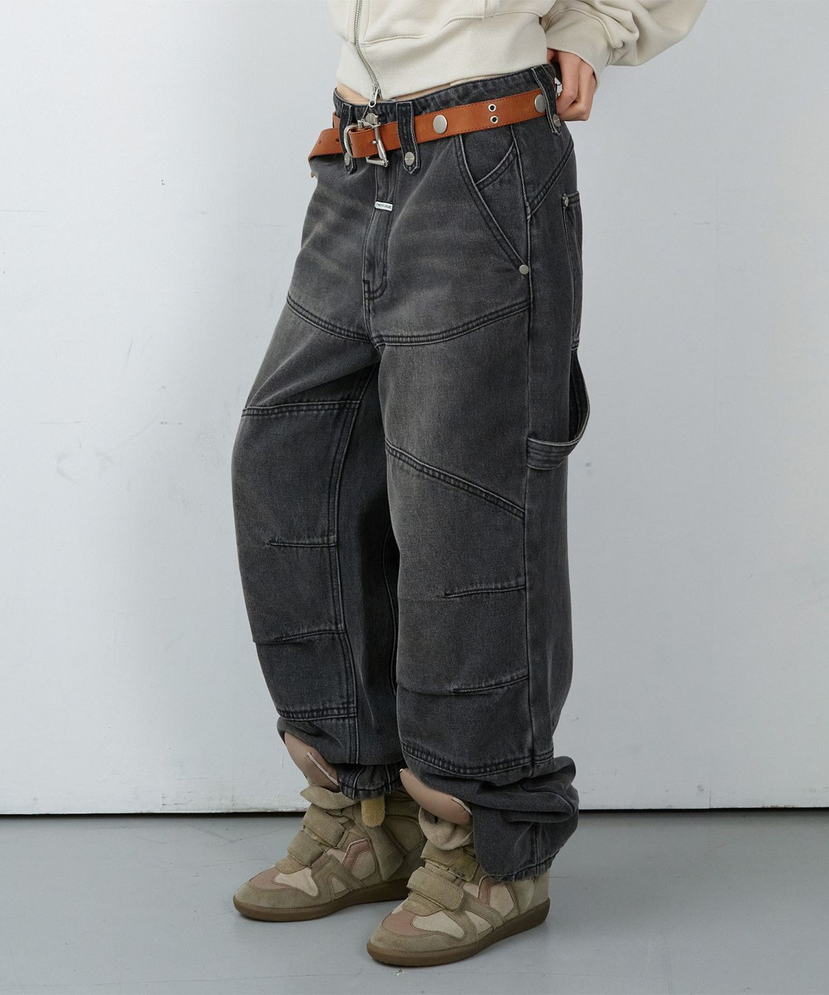 더바이닐하우스(THEVINYLHOUSE) ROUND DOUBLE KNEE DENIM PANTS BLACK