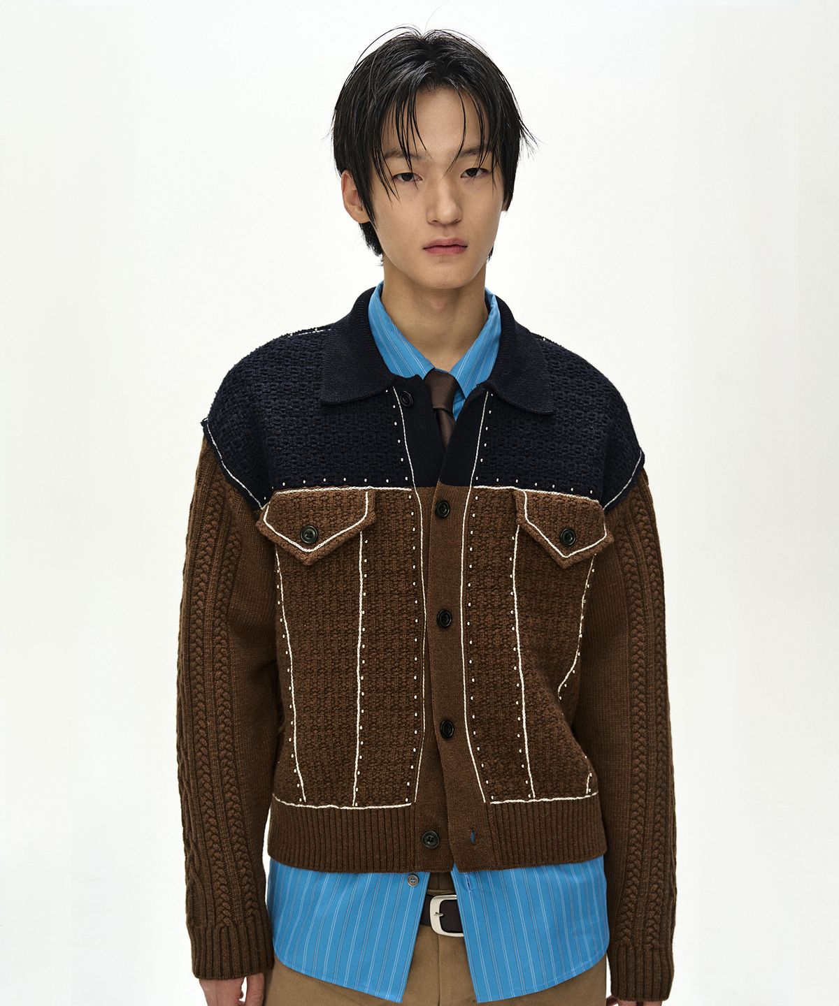 앤더슨벨(ADSB ANDERSSON BELL) CAMELON TRUCKER CARDIGAN (BROWN/NAVY)