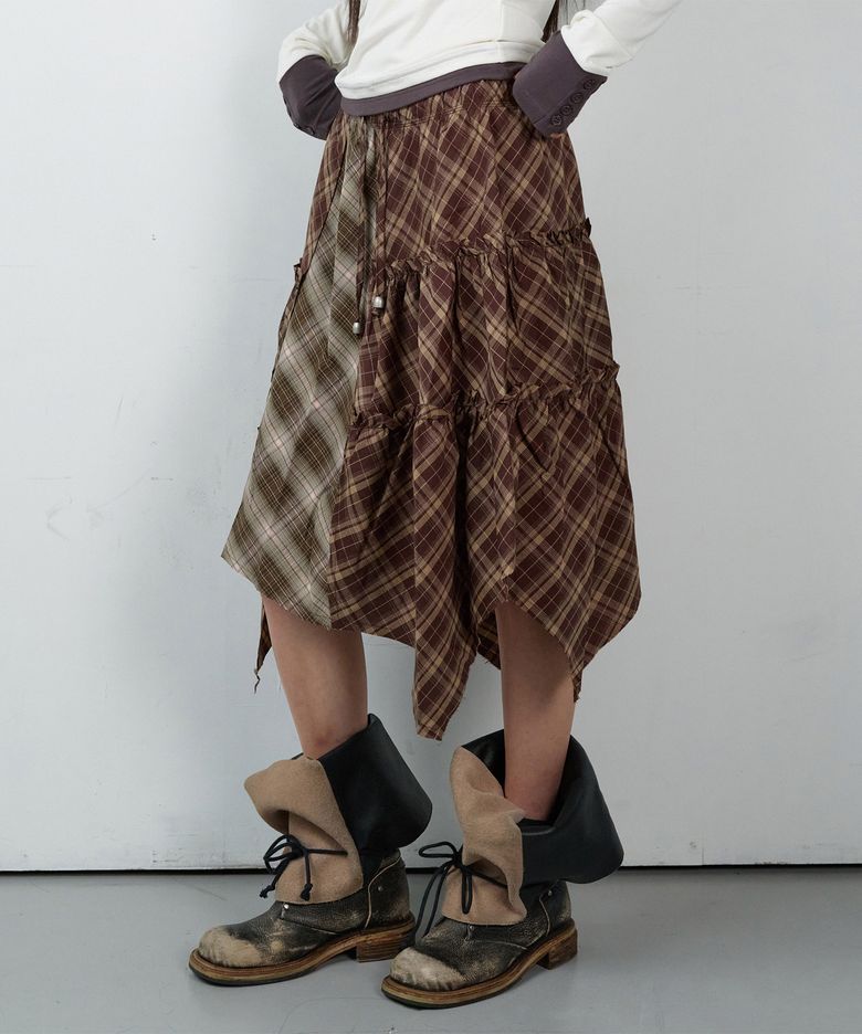 UNBALANCE LAYERED CHECK SKIRT (W) BROWN