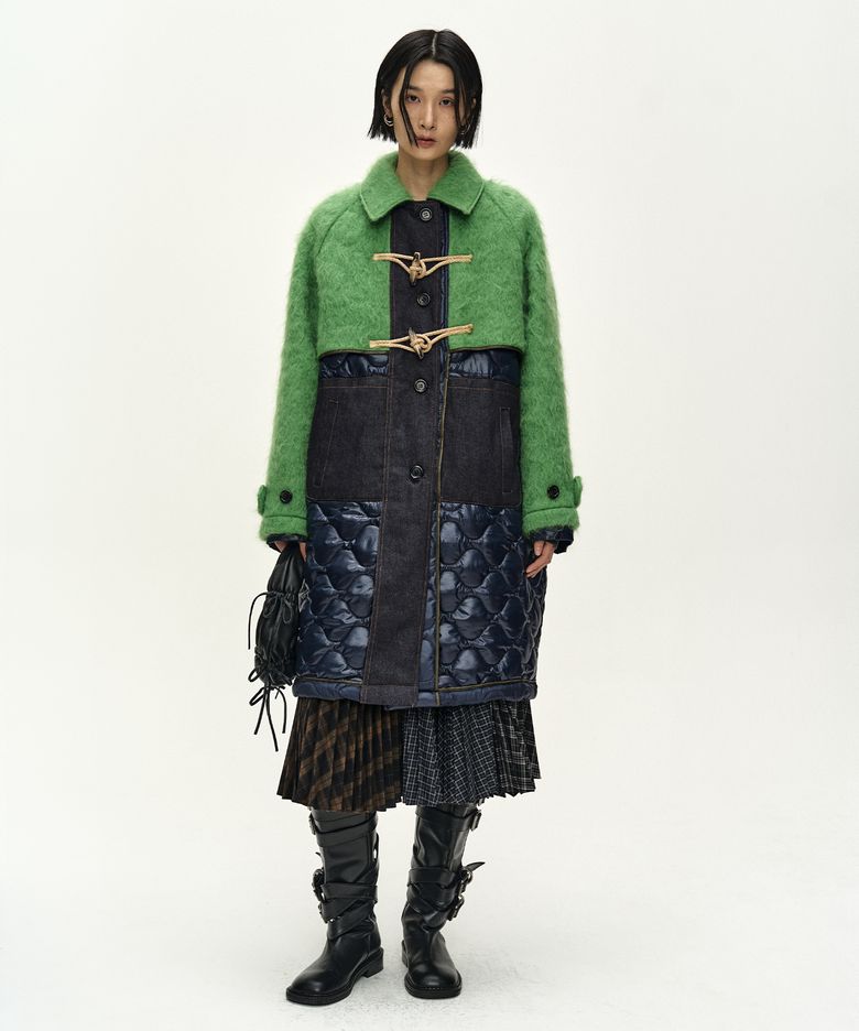 LAWN HAIRY WOOL QUILTED DUFFLE COAT (LICHEN GREEN/BLACK)