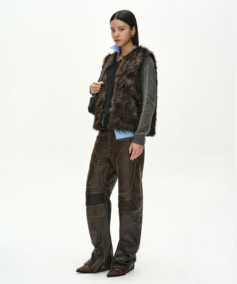 LEATHER ARTICULATED PANEL JEANS (BROWN)