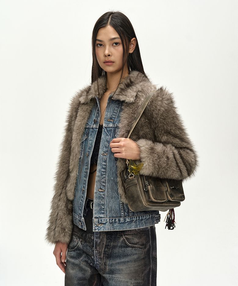 FUR ON DENIM JACKET (GREY)